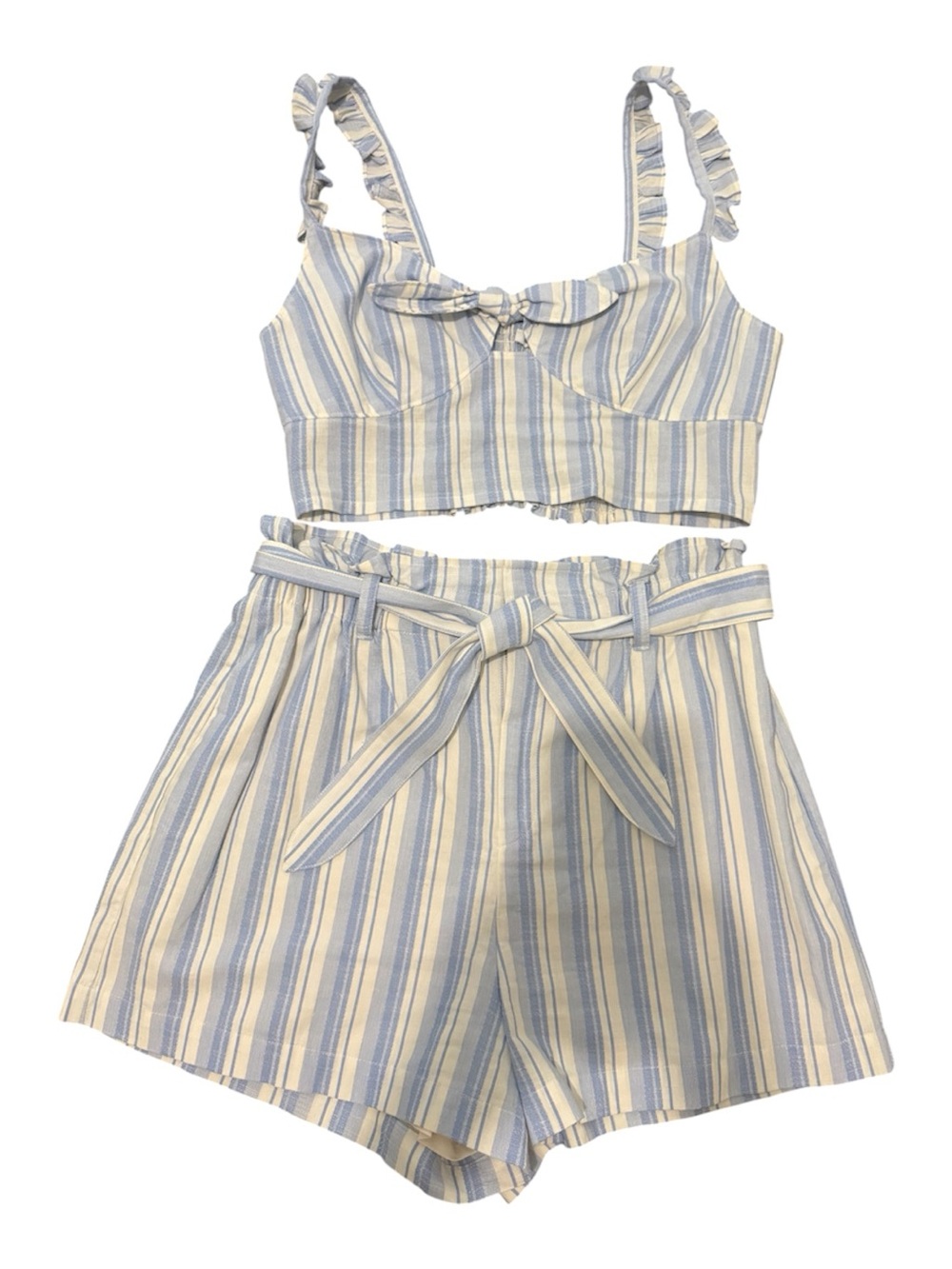 Express Blue & Cream Striped Crop Top with High-Waist Tie Shorts